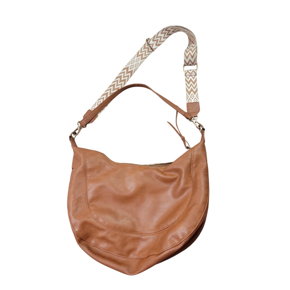 Cognac Brown Vegan Leather Hobo Bag w Patterned Guitar Strap Crossbody Handbag